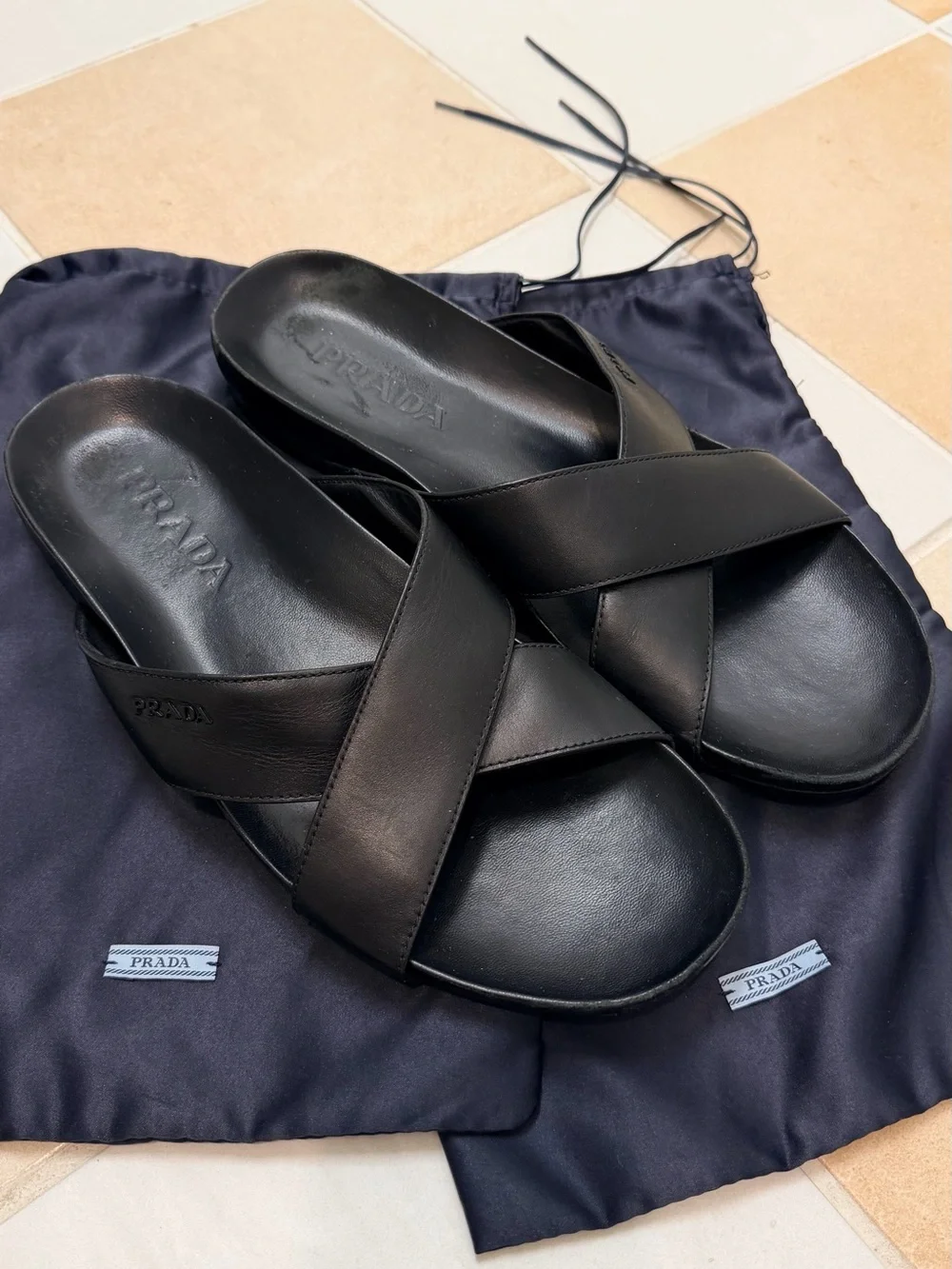 Prada Black Leather Cross-Strap Men’s Slide Sandals